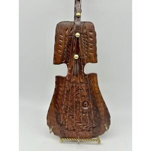 Carved Wooden Guitar Violin Wall Hanging Key Hooks Vintage Boho Musician Gift EX
